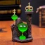 Placeholder: auction hammer, green olivine stone figurine of priest miniature, holy diver, ancient, magic,on dark wooden table with drinking glass, hairy hand