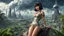 Placeholder: Photorealistic, full Body Photo Of A slim Exotic Sci-Fi Pin-Up Girl, With dark Hair and Bangs, on an alien jungle Planet With Cloud Trees, Tall Spires, Buildings, Bridges, Arches, a stormy skyline, with lightning