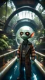 Placeholder: fish-eye photo model furry hairy pimp rocker priest alien on boat bridge over water slide in dark lit reflective wet jungle metallic hall dome hotel tunnel, in the style of fallout 4 game,bokeh like f/0.8, tilt-shift lens 8k, high detail, smooth render, down-light, unreal engine, prize winning