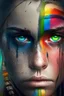 Placeholder: Beautiful girl with rainbow eyes, warrior, strong, sad, resilient.