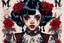 Placeholder: Poster in two gradually, a one side malevolent goth vampire girl face and other side the Singer Melanie Martinez face, full body, painting by Yoji Shinkawa, darkblue and sepia tones, wears a smart shirt which is embroidered with red flowers and ornaments, has dark eyes and horns