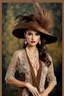 Placeholder: full body beautiful girl, elegant brown lace clothes of the 80s, luxury style, small elegant hat with feather, hair of the 80s, pearl necklace, earrings masterful, beautiful face