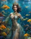 Placeholder: Fullbody excellent pose gorgeous Queen photography art realistic,cinematic colors,soft blur ,natural beauty, of young woman, smiling, beautiful, shiny grey eyes, make up,Queen Persian style, shiny baubles, ornate, large gemstones, shiny molten metalics, shiny wire filigree, brown hair, high definition, Walk in underwater scene teeming with colorful fish nemo, many full fishes swim, and gentle sea turtle