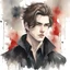 Placeholder: A portrait headshot of a confident looking young man with pale skin, red eyes, and brown hair in a dark modern setting with intricate details. He is wearing black and red casual clothes, an air of malevolent power surrounds him. watercolor splash art