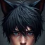 Placeholder: A man with messy black hair, black cat ears on his head, blue eyes.