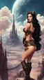 Placeholder: exotic sci-fi steampunk pin-up girl, with long dark hair, on an alien planet with cloud trees, tall spires, buildings, bridges, arches