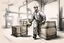 Placeholder: a swedish industry worker from sweden, very strong pushing a wooden crates and IBC along the floor in a factory, very basic sketch painting like the image i uploaded