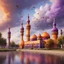 Placeholder: Hyper Realistic Orange & Purple Mosque with Brown Minarets riverside at beautiful cloudy weather & Rainbow with birds flying