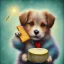 Placeholder: cute puppy eating cheese, art deco, romanticism, watercolor, visual novel, cheerful, furry, sleepy, rembrandt lighting, colorful lighting, blue, teal, aqua, red, purple, yellow, black, detailed, masterpiece