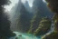 Placeholder: mountain river flows through a fantasy landscape gorge. a big blue lake in the middle of the mountains. fabulous nature, amazing seascape, highly detailed, digital painting, artstation, concept art, smooth, sharp focus, illustration, art by greg rutkowski and alphonse mucha