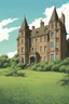 Placeholder: disused, Victorian manor house, blue sky, over-grown fields, vector art