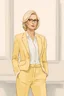 Placeholder: Powerful classical portrait of a modern blonde politician with glasses in her early forties wearing a pastel yellow pant suit standing in a elegant position