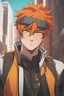 Placeholder: Young man with vivid orange hair, punk, vivid yellow eyes, smug, orange and brown futuristic clothes, wearing an eyepatch, urban background, RWBY animation style