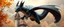 Placeholder: portrait of a shiny black dragon squirrel in autumn, flying above wooden castle, breathing smoke