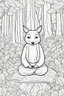 Placeholder: Stress Relief themed coloring page for adult, cartoon style, thick outline, No details, No shading, No colors, no background, black outline only, A cute woodland creature meditating amidst serene forest landscapes