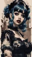 Placeholder: Poster in two gradually, a one side malevolent goth vampire girl face and other side the Singer Melanie Martinez face, full body, painting by Yoji Shinkawa, darkblue and sepia tones,