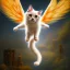 Placeholder: A flying cat with wings. Oil painting.