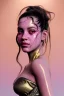 Placeholder: Realistic image, Rosalía artist, portrait, waist up portrait, pink black eye line, sweet, gold and pink geisha style, glow make up, led lights, fog, rain, latex, vibrant color, highly detailed, art stations, concept art, smooth, unreal engine 5, god rays, ray tracing, RTX, lumen lighting, ultra detail, volumetric lighting, 3d, finely drawn, high definition, high resolution.