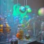 Placeholder: group of scientists is in the laboratory. invent new colors. smoke rises from multi-colored glassware. they are wearing overalls. color swatches in the background. hyperdetailed, orange and teal, warm colors, detailed painting, photorelistic, oil on canvas, light dust, futuristic. volumetric lighting