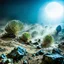 Placeholder: A striking quality Kodak photograph captures a wasteland with liquid and group of monstruous plants, creepy, details of the dust very accentuated, glossy organic mass, adorned with minerals and rocks. Bathed in intense light, eerie, Max Ernst style, blue sun, fog