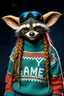 Placeholder: racoon gremlin alien woman air captain wearing a "pooyan game" sweater