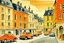 Placeholder: A salmon orange colored city with racecars painted by Maurice Utrillo