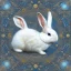 Placeholder: white platinum rabbit with blue third aye and butterfly wings, aboriginal, dot painting, indiginous, dot, mud, dream-time, abstract, dots, natural pigment, extremely sharp detail, finely tuned detail, ultra high definition, 8 k, unreal engine 5, ultra sharp focus, art germ and Paul Lewin and Kehinde Wiley, winter ambiance