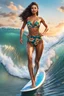 Placeholder: full body of Waist high Portrait of an exotic beautiful woman wearing trendy clothing surfing in nice waves of water, perfect detailed face, detailed symmetric hazel eyes with circular iris, realistic, stunning realistic photograph, 3d render, octane render, intricately detailed, cinematic, trending on artstation, Isometric, Centered hyper realistic cover photo, awesome full color, 12k, high definition, cinematic, neoprene, behance contest winner, portrait feat