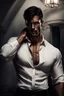 Placeholder: Ultra realistic photograph of muscular male in white button up shirt, dark hair cut short and stubble on chin, dark fantasy house