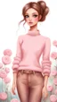 Placeholder: Painting a haughty beautiful standing woman, light pink sweater, brown long pants, brown shoes,bouquet of flowers in hand, digital painting, fantasy art, pretty face, inspired by Jeremiah Ketner, illustration, anime portrait, barbie face, big eyes, bright eyes,kijkt achterom