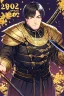 Placeholder: A handsome 30 year old knight, black hair, male bob haircut, in black-and-gold plate armor, golden katana in both hands, no beard, european