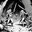 Placeholder: [comic book art by Le Tendre et Loisel (la quete de l oiseau du temps, 1987)] two human woman warriors after a battle in a cave surrounded by dead bodies of orcs and goblins, one has a sword, the other has a battle axe