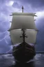 Placeholder: Wooden Ship front view with a Spider figurehead at night in a storm with giant waves