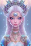 Placeholder: cosmic princess girl belle fine, visage de trois quart, grand front cosmique, peau bleu cristalline, yeux bleu, perle sur le front long cheveux blond et rose etoilé cristaux sur le corps, collier de grande princesse, levres souriante, très jolie sourire