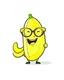 Placeholder: cute line drawing of a funny yellow banana character wearing glasses on a white background.