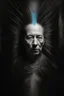 Placeholder: Hyper Realistic Aerial Grungy Dark-Grey Brush strokes on a dark rustic background with charcoals, the face is printed on tin can