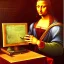 Placeholder: leonardo da vinci with computer. creating in photoshop. hyperdetailed, warm colors, movie poster, photoillustration, oil on canvas, lens flare