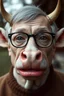 Placeholder: half grey haired half bald Bill Gates with a gremlin cow with big lipstick mouth, big lips