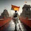 Placeholder: An hindu Soldier walking on the bridge with orange flag , day , realistic , high resolution , HD , 1920pX1080p , dark