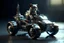 Placeholder: lowpoly cat driving highly symmetric metallic rocket propelled mad max ATV with rounded glass bubble roof, bokeh like f/0.8, tilt-shift lens 8k, high detail, smooth render, down-light, unreal engine, prize winning