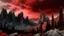 Placeholder: mountains, a gloomy rocky landscape, cypresses stretching up in the foreground, rocks and a bloody sky in the background