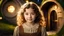 Placeholder: Little very young hobbit girl, beautiful, confident, calm, wise, happy, innocent, facing camera, head and shoulders, curly hair, hobbit clothing, perfect eyes, LOTR village, hobbit homes with circular windows and circular doors, night scene, stars, fireflies, 16k artistic photography, exquisite composition, photorealistic concept art, soft natural volumetric light, chiaroscuro, award-winning photograph, masterpiece, style William-Adolphe Bouguereau