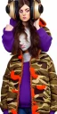 Placeholder: Brunette woman.thick thighs,thick calves,normal bodytype. big head. Mantle is sewed of upcycled Denim and sewed together of camouflage pieces. Pieces' color are orange, cream and purple. It is with big bright purple felt tippet and cream-colored-hood. mantle is merged with satchel, ochre. Big AKG-style headphones (gold rings!) is merged with small felt cap with small visor. Style: Haute Couture in 1920's, N.Y.C fashion in 2024, inspired by street art. Cream latex gaiter. Tennis shoes!