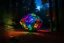 Placeholder: A giant multicolored dodecahedron emitting lights in the middle of a forest