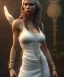 Placeholder: Gipsy, beautiful, curvy body, white fabric dress, beautiful long hair, bandana covering head, long earings, head and shoulders portrait, holding tarot card, 8k resolution concept art portrait by Greg Rutkowski, Unreal Engine 5 volumetric lighting