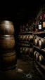 Placeholder: An old winery with a lot of old big wine Barrels in a dark room , a few bottles of red wines with and old labels and spider webs on old broken shelf’s in side a dark abandoned underground dark room with a little dim touch on the wall, scary, dramatic, mysterious ambiance