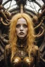 Placeholder: Closeup Girl with big brown eyes, yellow gold hair, fullbody, dieselpunk, valves extended like roots rising from the ground, the perspective looking up from the bottom of an empty well , 8k, macro photography by <John Kenn Mortensen>, darkred tones,