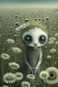 Placeholder: adorable H.R. Giger creature with big reflective eyes in a flower field, by Catrin Welz-Stein