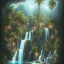 Placeholder: turquoise neon waterfall with palm trees sparkling at night in a cave detailed realistic glowing