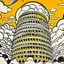 Placeholder: A light orange colored mythical coliseum in the sky painted by Roy Lichtenstein